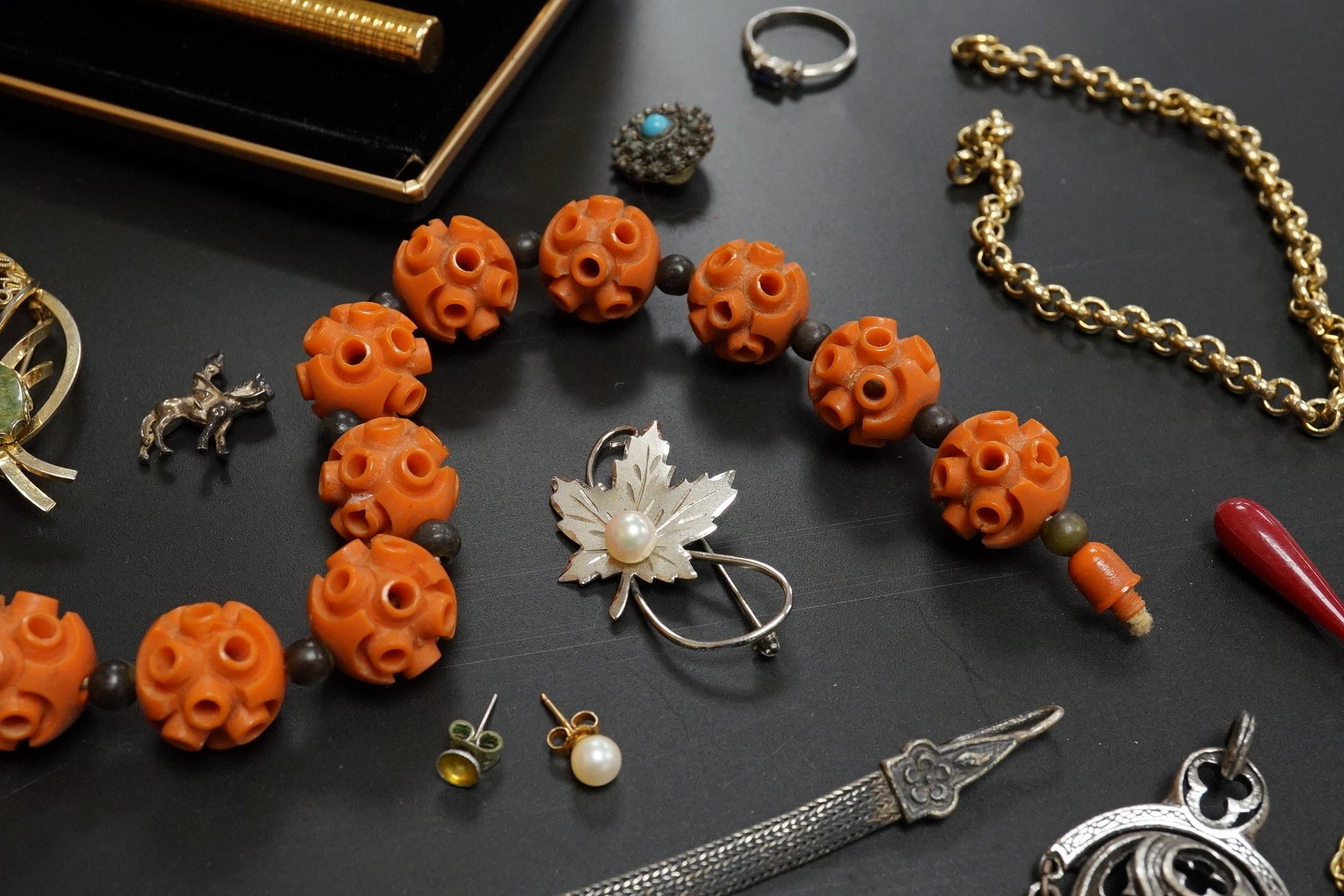 A small group of assorted costume and other jewellery, including a late Victorian silver hexagonal brooch(a.f.) a platinum and gem set ring and two pens Waterman and Elysee.